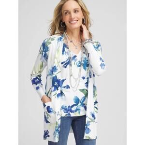 Chicos Womens L White Blue Floral Open Front Cardigan Knit Tank Top Set NWT